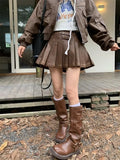 Bjlxn Vintage Y2k Leather Skirt Women Sexy Punk Pleated Skirt Brown Retro High Waist Fashion Streetwear A-line Mini Skirts