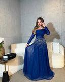 Long Sleeves Formal Luxury Evening Dresses Floor Length Pleated Party Dress Blue Saudi Arabia Women Sequins Beaded Prom Dresses