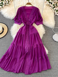 Bjlxn New Women Vintage Party Dress Summer Puff Sleeve Sexy V Neck Lace Single-breasted Long Dresses Ladies A Line Elegant Long Robe