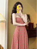 Bjlxn Elegant Plaid Midi Dress Women French Vintage Spaghetti Strap A-line Spring Summer Holiday Beach Style Prom Robe Vestidos Mujer