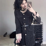 Bjlxn Autumn Winter Mini Dresses for Women with Belt Turn-down Collar Patchwork O-neck Korean Fashion Blazer Dress Casual Vestidos