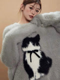 Bjlxn American Retro Cartoon Cat Bow Plush Sweater Sweater Women Y2K Korean Autumn and Winter Sweet and Spicy Jacquard Loose Pullover