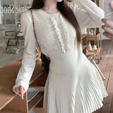 Bjlxn Autumn Preppy Style Knitted 2-piece Sets Women O-neck Long Sleeve Top Pleated Mini Skirt Korean Fashion Casual Outfits New Suit