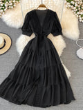 Bjlxn New Women Vintage Party Dress Summer Puff Sleeve Sexy V Neck Lace Single-breasted Long Dresses Ladies A Line Elegant Long Robe