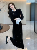 Bjlxn Woman Spring Summer New Elegant Velvet Patchwork Midi A-line Dresses Long Sleeve Lady Party Fashion One Piece Robe