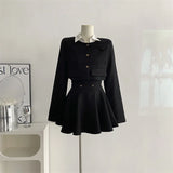 Bjlxn Y2K 3 Piece Set Women Cropped Coat + Long Sleeve Shirt + High Waist Halter Ruffles Mini Dress Korean Chic Fashion Sexy Outfits