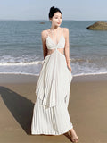 Bjlxn Summer Sweet  Sleevess Women Beach Party Dress Pleated Spaghetti Strap Sexy A-line Casual Female Maxi Clothes