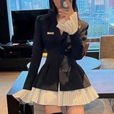 Bjlxn Elegant Patchwork Suit Dress Women Turn-down Collar Single Breasted Flare Sleeve Pleated Autumn Korean Chic Female New Clothes