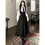 French Hepburn Style Suspender Dress Women's Spring and Autumn New Style All-match Waist Slimming Design Shirt Two-piece Skirt