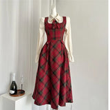 Bjlxn French Vintage Two-piece Dress Set Women Flare Sleeve Shirt Red Plaid Strap Dress A-line Autumn Winter New Christmas Party Dress