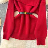 Bjlxn Women Knitted Sweater Autumn Winter Sexy Off Shoulder Lapel Slim Pullover Tops Female Solid Long Sleeve Korean Casual Sweaters