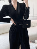 Bjlxn Women Spring New Elegant Long Sleeve Vintage Velvet Bodycon Jumpsuit Office Lady Casual Slim Clothing