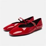 Bjlxn Woman Red Mary Jane Shoes 2024 Summer Chic Faux Patent Leather Flats Womens Fashion Round Toe Buckle Strap Single Shoes