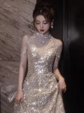 Bjlxn - Sequin Evening Dress Glisten Light Luxury Dress Banquet Host Gown Bridesmaid Dress Bride Glitter Wedding Dress Sleeveless Dress