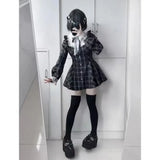 Bjlxn Harajuku Sweet Bow Black Plaid Dresses All-match Slim Fit Kawaii Lolita Dress for Women Autumn New Long Sleeve Vestidos De Mujer