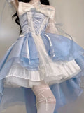 Bjlxn French Romantic Style Lolita Op Elegant Girl Cosplay Princess Puff Sleeve Ribbon Bowknot Flower Tunic Mesh Fantastic Fairy Dress