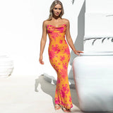 Bjlxn Beach Dress Women Bikini Dress Beachwear Cover Up Suit New Sexy Backless Lace Print Sling Long Dress Bandage Maxi Dress Vestidos