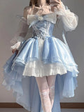 Bjlxn French Romantic Style Lolita Op Elegant Girl Cosplay Princess Puff Sleeve Ribbon Bowknot Flower Tunic Mesh Fantastic Fairy Dress