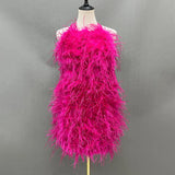 Bjlxn Lady Fashion Summer Feather Dress Sexy Backless Women's Dress Strap Medium Length Ostrich Feather S5659