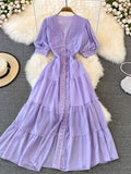 Bjlxn New Women Vintage Party Dress Summer Puff Sleeve Sexy V Neck Lace Single-breasted Long Dresses Ladies A Line Elegant Long Robe