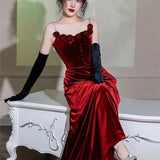 Bjlxn Velvet toasting dress with strap Wine red Rose Fish Tail Banquet small train