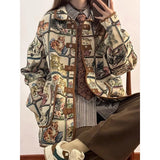 Fashion Vintage Jackets Cartoon Print Single Breasted Turn Down Collar Design Coats Y2k Preppy Style All Match Women's Clothing