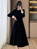 Bjlxn Woman Spring Summer New Elegant Velvet Patchwork Midi A-line Dresses Office Lady Long Sleeve Party Fashion One Piece Robe