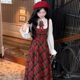 Bjlxn French Vintage Two-piece Dress Set Women Flare Sleeve Shirt Red Plaid Strap Dress A-line Autumn Winter New Christmas Party Dress