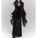 Bjlxn Gothic Black Midi Dresses Women V-neck Irregular Flrae Sleeve Y2k Vintage Lace Bandage Dark Style Harajuku Fashion Clothing New