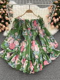 Bjlxn Sexy Slash Neck Spaghetti Strap Mini Chiffon Dress Women Summer Vacation Beach Flare Long Sleeve Ruffle Blue/Green Vestidos New