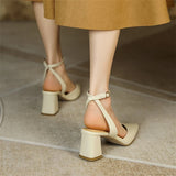 Bjlxn Retro Woman Shoes Block Heels Closed Toe Sandals Buckle 2023 Summer Suit Female Beige Original Chunky New Girls Strap High Fashi