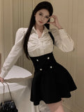 Bjlxn Y2K 3 Piece Set Women Cropped Coat + Long Sleeve Shirt + High Waist Halter Ruffles Mini Dress Korean Chic Fashion Sexy Outfits