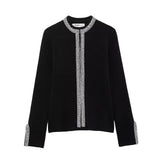 Bjlxn Style Autumn New Women's Casual Bead String Decoration Long Sleeved Round Neck Black Jacket Jacket