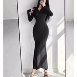 Bjlxn Autumn New Solid Bodycon Midi Dresses for Women Long Sleeve Zipper Design Slim Mermaid Dress Casual Party Bandage Dress Vestidos