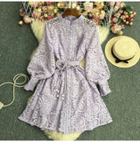 Bjlxn Luxury Spring Lantern Sleeve Women Sexy Mini Lace Dress Elegant Ladies Retro Purple Single Breasted Sashes Party Dresses Vestido