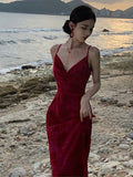 Bjlxn Women Summer New Elegent Sleeveless Red  Spaghetti Strap Dress Female Fashion Party One Piece Vestidos Backless Clothes