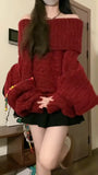 Bjlxn Women Red Pullover Knitted Sweater Harajuku Y2k Long Sleeves Slash Neck Sweater Jumper Vintage 2000s Aesthetic Clothes 2024