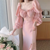 Bjlxn Autumn New Bodycon Midi Dresses for Women Puff Sleeve Square Collar High Split Office Lady Korean Fashion Evening Party Dress