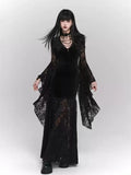 Bjlxn Gothic Black Midi Dresses Women V-neck Irregular Flrae Sleeve Y2k Vintage Lace Bandage Dark Style Harajuku Fashion Clothing New