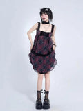 Bjlxn Gothic Plaid Spaghetti Strap Dress Women With Necklace Sleeveless Summer Sexy Lace Up Sling Lady Street Vestidos Y2k