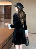 Bjlxn Woman Spring Summer New Elegant Velvet Mini A-line Dresses Long Sleeve  Party  Fashion One Piece Robe