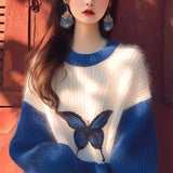 Bjlxn Lazy Style Contrasting Color Klein Blue Soft Women's Sweater Autumn Winter Loose Korean Version Butterfly Printed Top for Women