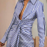 Women Elegant Turn-Down Collor Folds Party Dress Casual Striped Printed Ladies Shirt Dress Autumn Long Sleeve Slim Fitness Dress