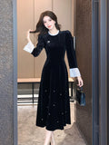 Bjlxn Woman Spring Summer New Elegant Velvet Patchwork Midi A-line Dresses Long Sleeve Lady Party Fashion One Piece Robe