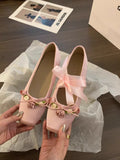 Bjlxn Elegant Flower Bow Ankle Strap Ballet Flats Square Toe Design Lolita Shoes Light Comfortable Cute Shoes Ballerina Ladies Casual