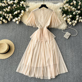 Bjlxn Retro  Elegant Embroidery Dress mesh A-line  korean fashion sweet High Waist Beach Women Summer slim dresses