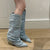 Pleats Blue Denim Thigh High Boots for Women 2023 Autumn Thick Heeled Pointed Toe Cowboy Boots Woman Slip On Western Long Boots