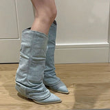 Pleats Blue Denim Thigh High Boots for Women 2023 Autumn Thick Heeled Pointed Toe Cowboy Boots Woman Slip On Western Long Boots