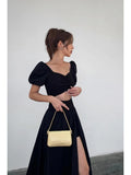 Bjlxn - Elegant Black Square Collar Women Dresses Summer Fashion Short Sleeve Hollow Out Dresses Casual Slit Straight Floor-length Dress