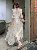 Bjlxn Print French Vintage Two Piece Set Women Elegant Sweet Party Long Dress Suit Female Causal Cardigan + Korean Fashion Dress